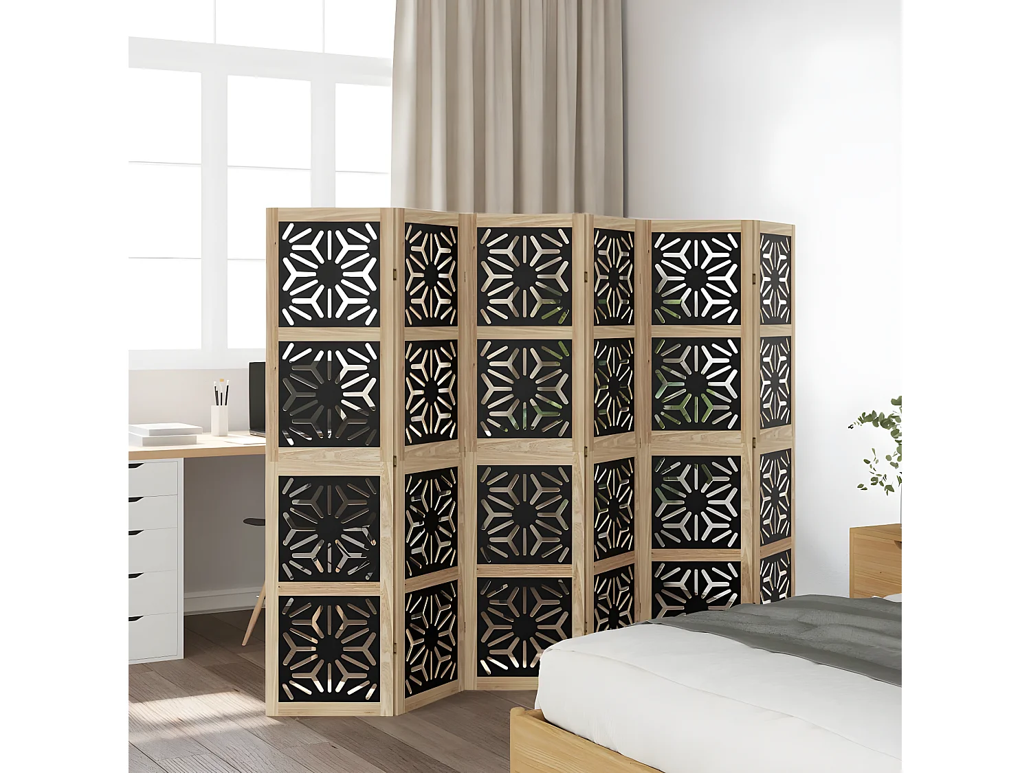 Cloison de séparation 6 panneaux marron noir paulownia massif