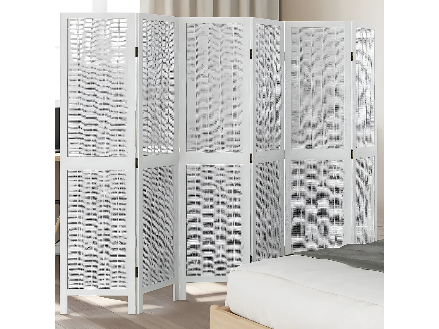 Cloison de séparation 6 panneaux blanc bois de paulownia massif