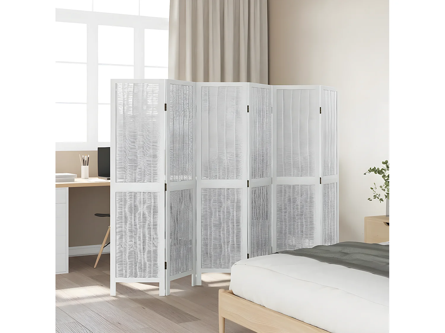 Cloison de séparation 6 panneaux blanc bois de paulownia massif