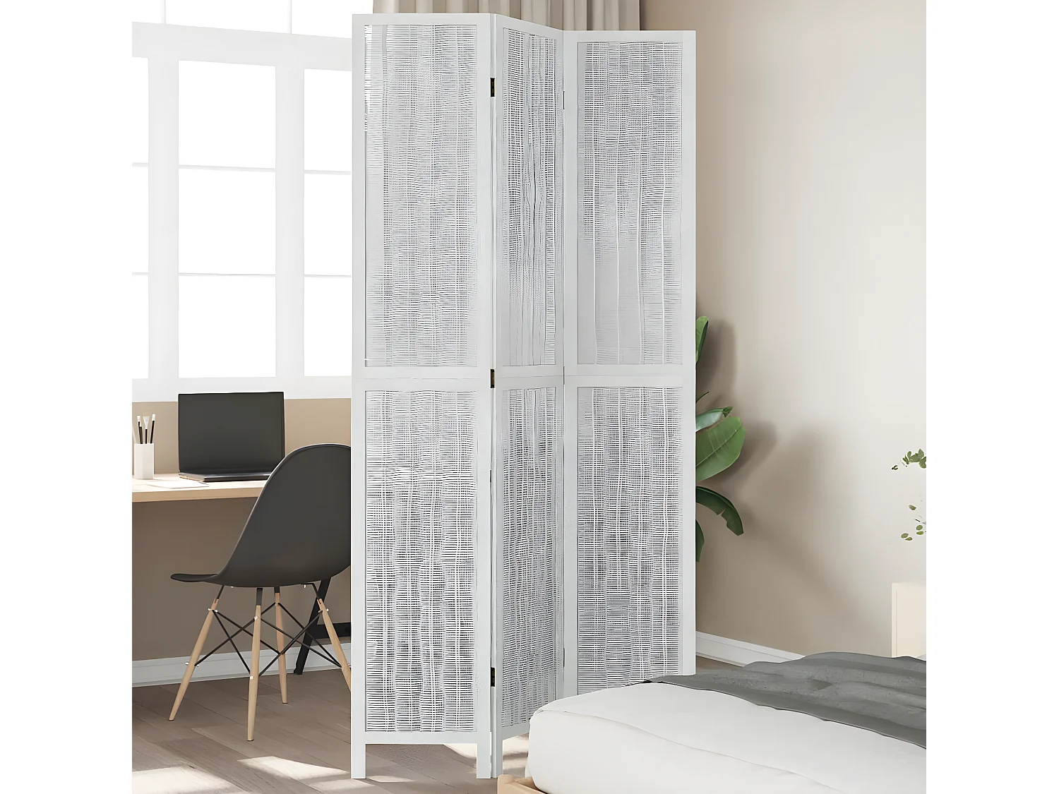 Cloison de séparation 3 panneaux blanc bois de paulownia massif