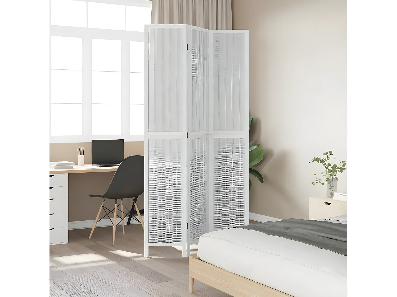 Cloison de séparation 3 panneaux blanc bois de paulownia massif