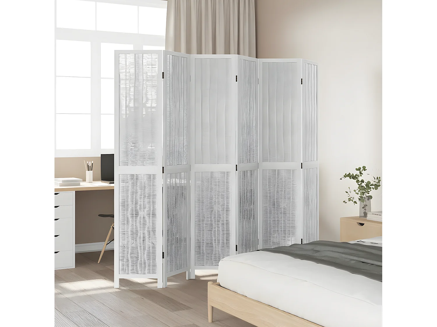 Cloison de séparation 6 panneaux blanc bois de paulownia massif