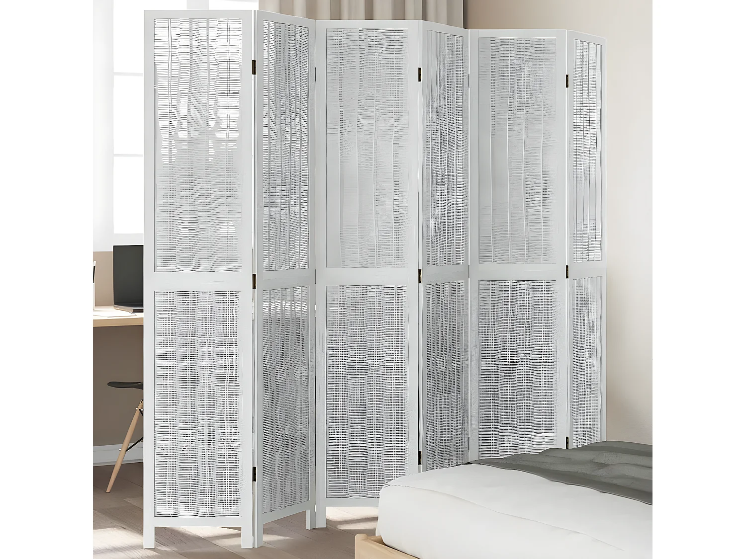 Cloison de séparation 6 panneaux blanc bois de paulownia massif