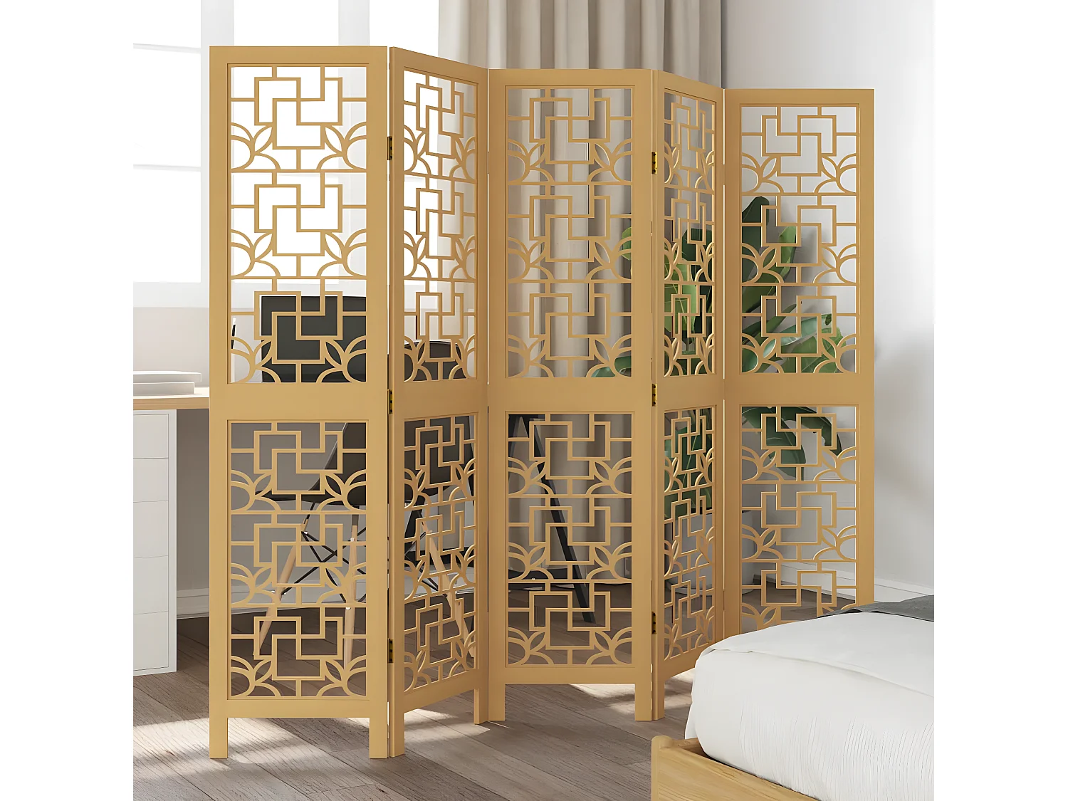 Cloison de séparation 5 panneaux marron bois paulownia massif