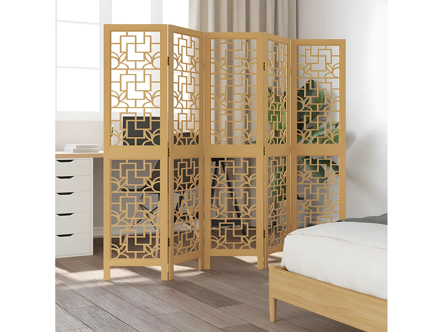 Cloison de séparation 5 panneaux marron bois paulownia massif