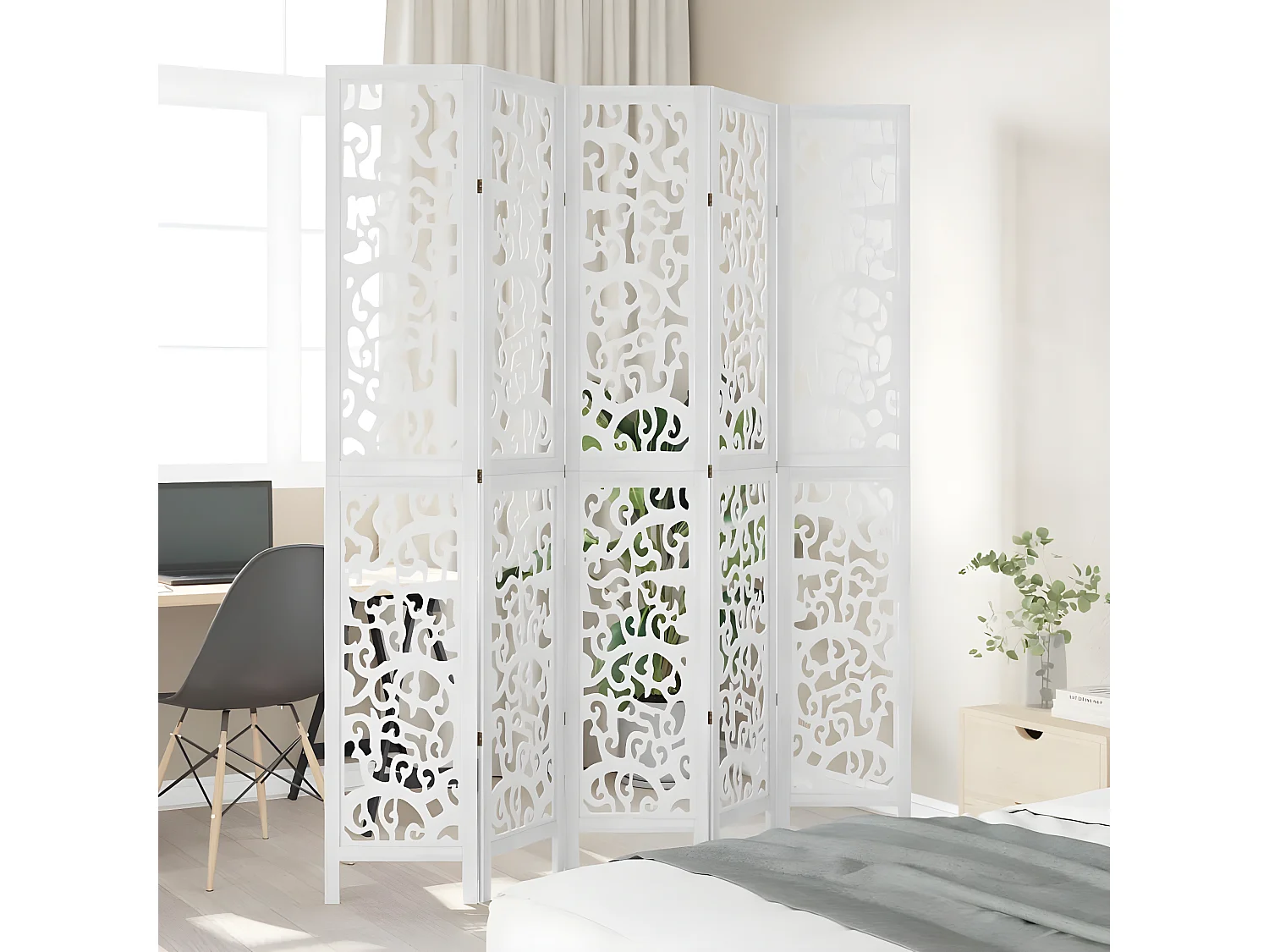 Cloison de séparation 5 panneaux blanc bois de paulownia massif