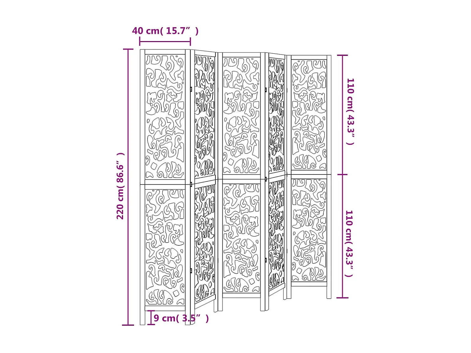 Cloison de séparation 5 panneaux blanc bois de paulownia massif