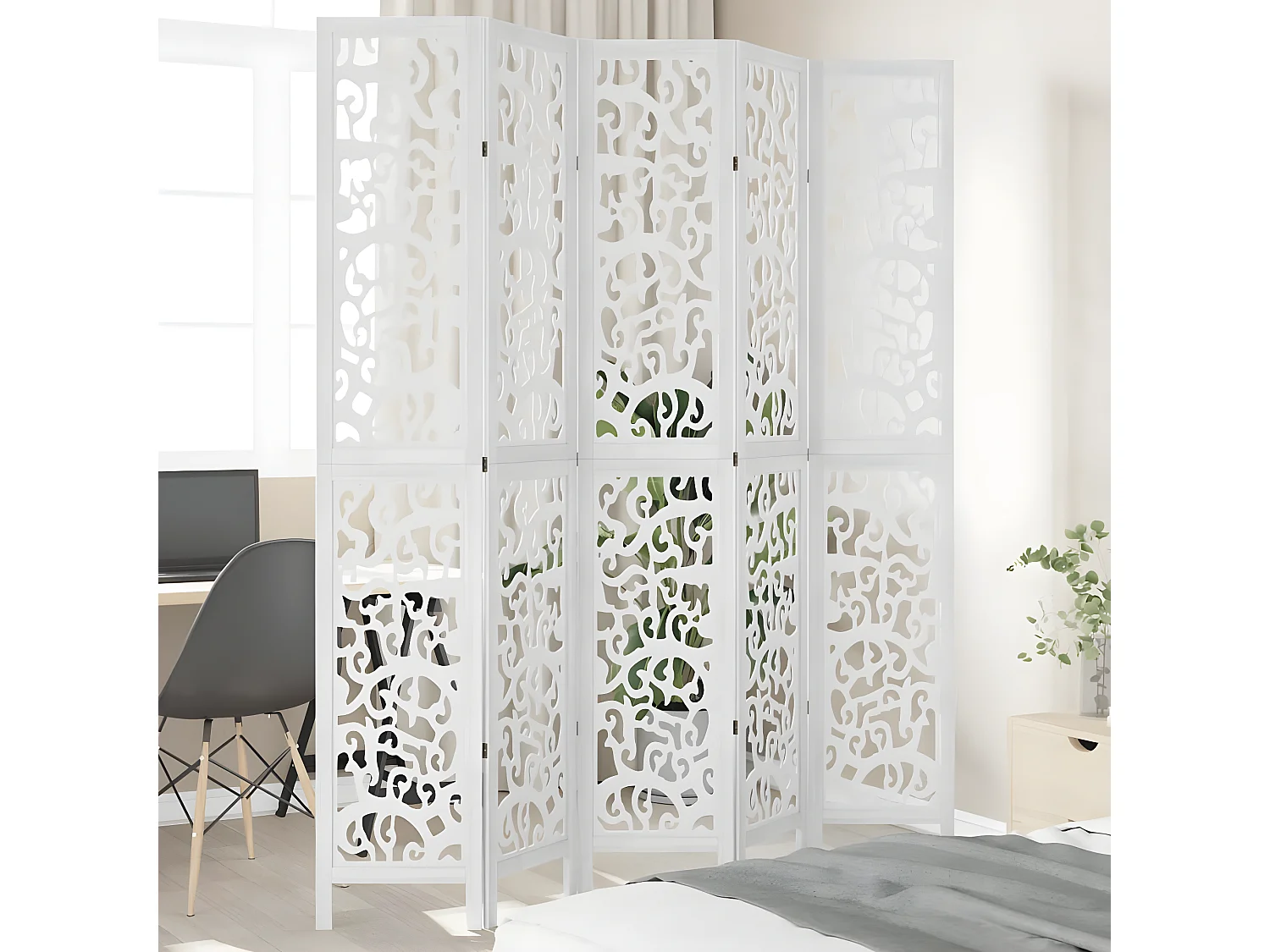 Cloison de séparation 5 panneaux blanc bois de paulownia massif