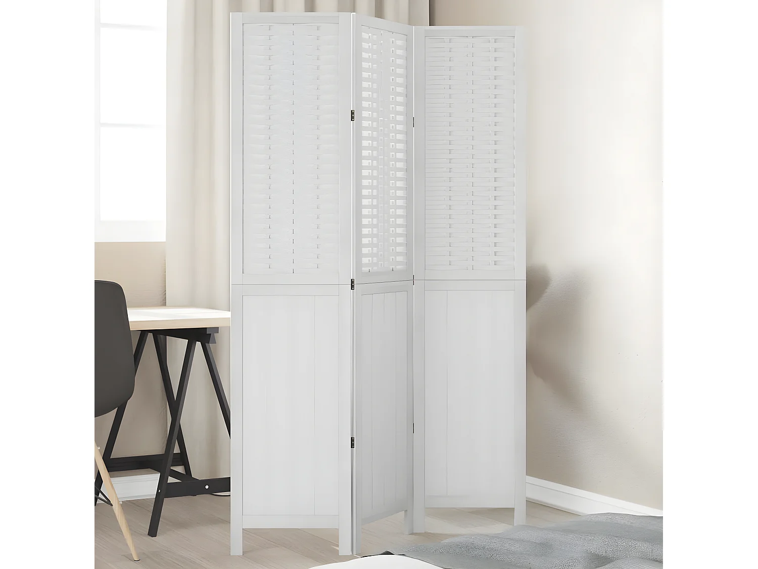 Cloison de séparation 3 panneaux blanc bois de paulownia massif