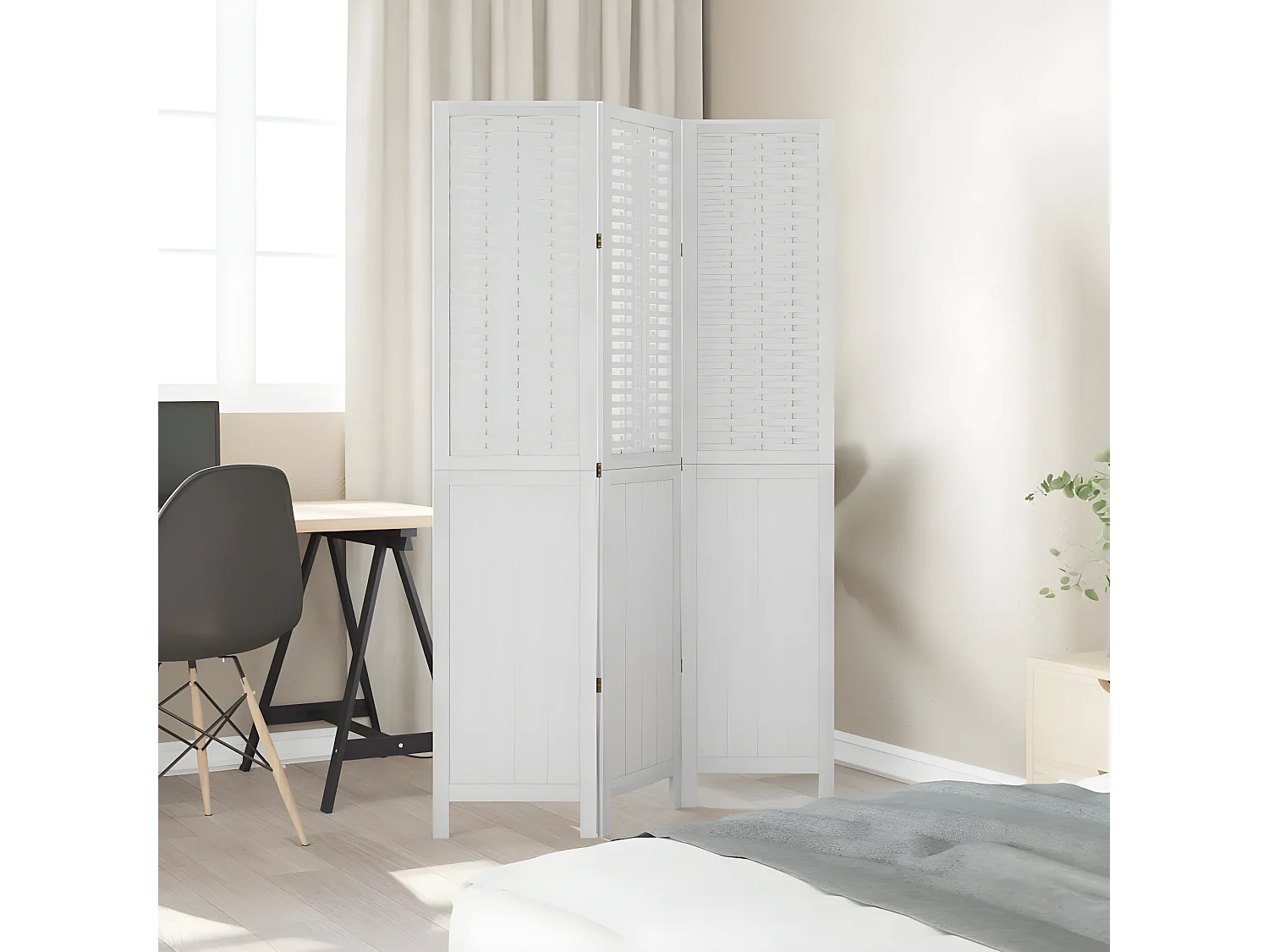 Cloison de séparation 3 panneaux blanc bois de paulownia massif