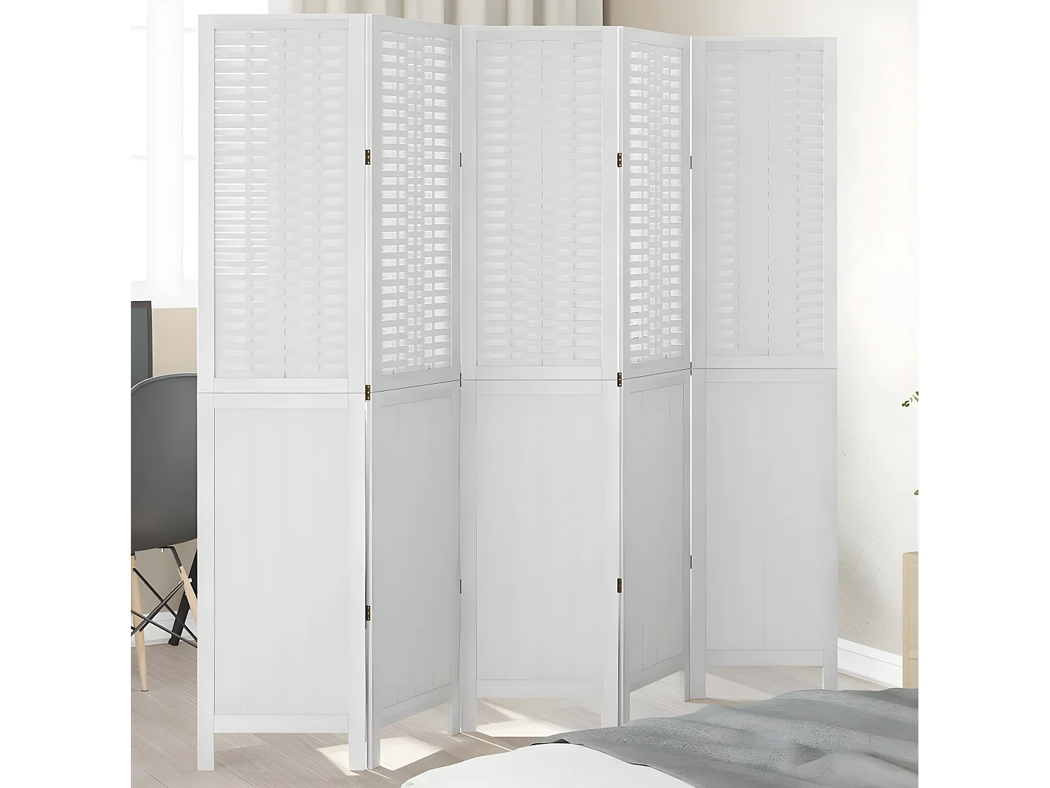 Cloison de séparation 5 panneaux blanc bois de paulownia massif