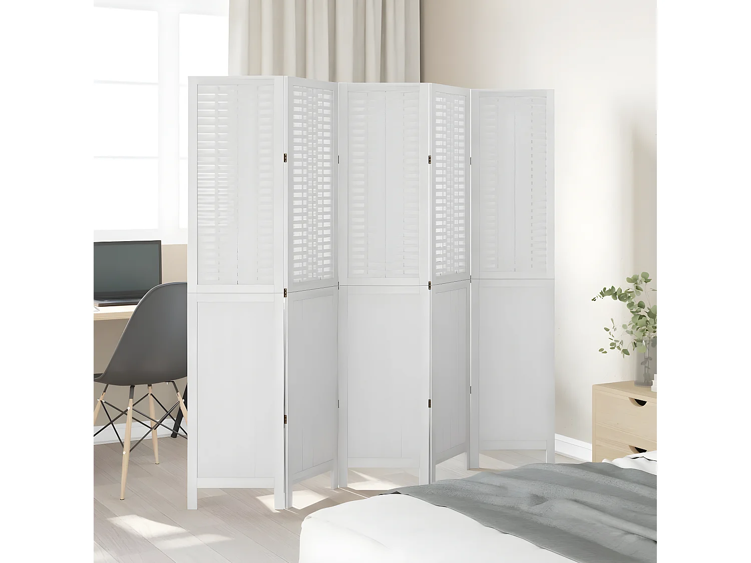 Cloison de séparation 5 panneaux blanc bois de paulownia massif