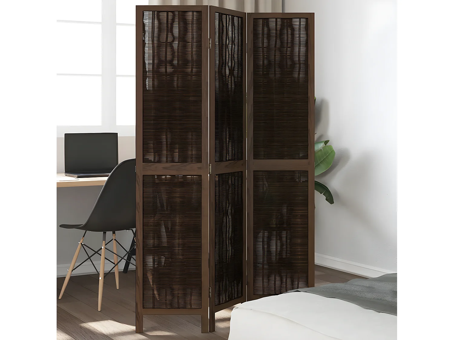 Cloison de séparation 3 panneaux marron foncé paulownia massif