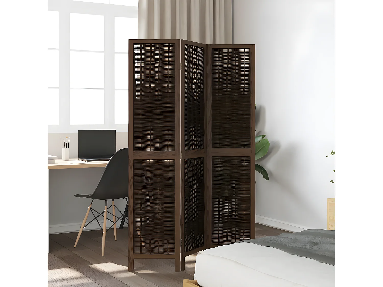 Cloison de séparation 3 panneaux marron foncé paulownia massif
