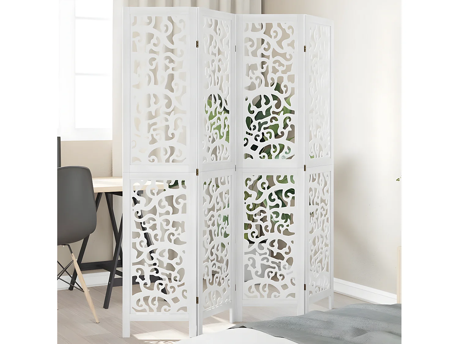 Cloison de séparation 4 panneaux blanc bois de paulownia massif