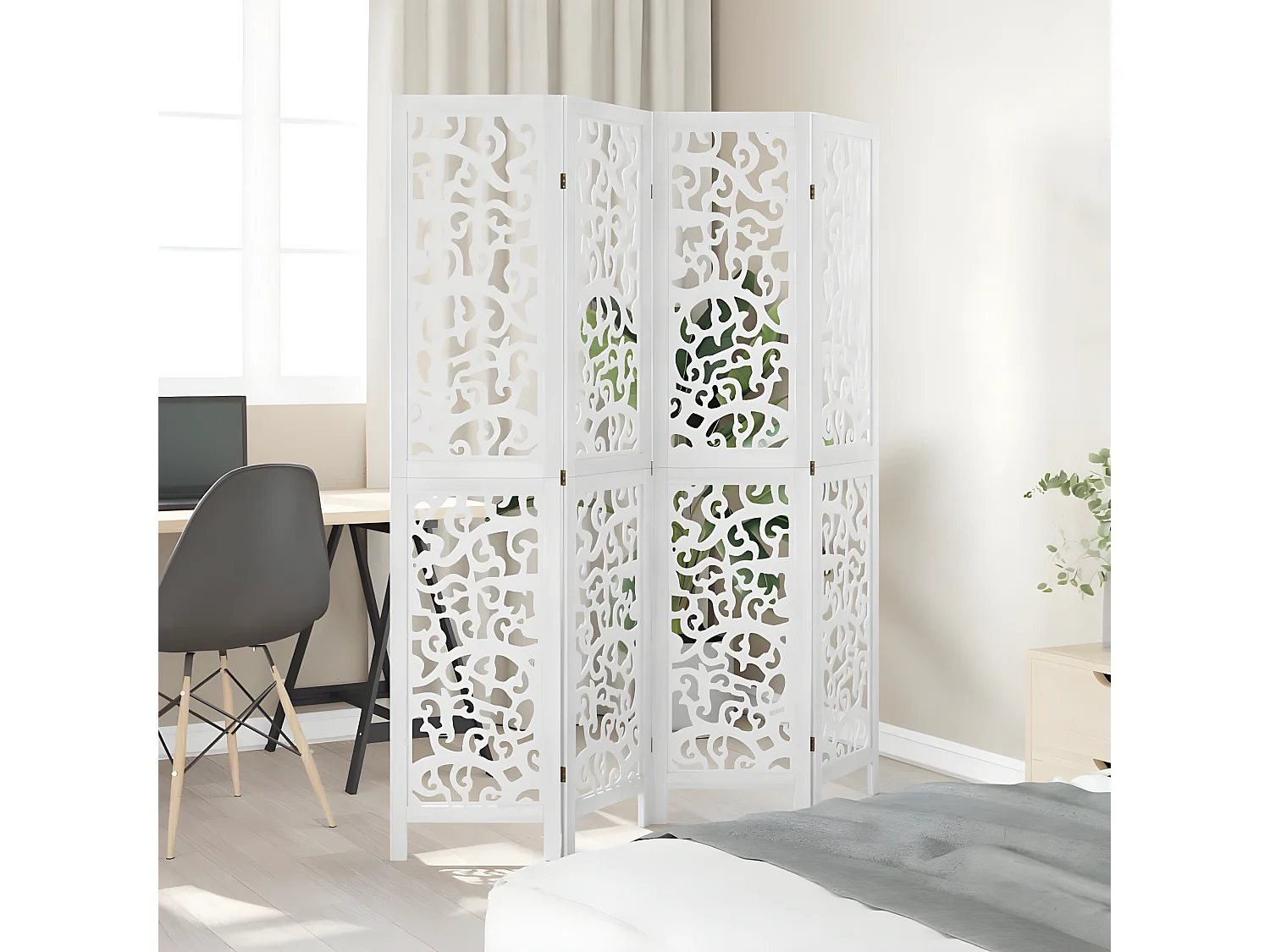 Cloison de séparation 4 panneaux blanc bois de paulownia massif