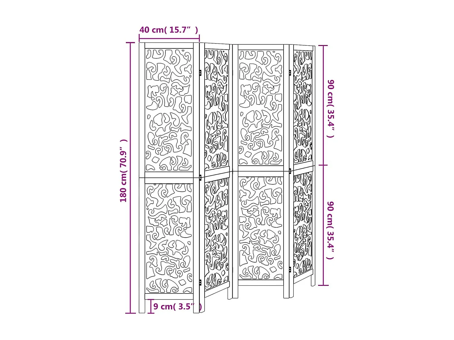 Cloison de séparation 4 panneaux blanc bois de paulownia massif