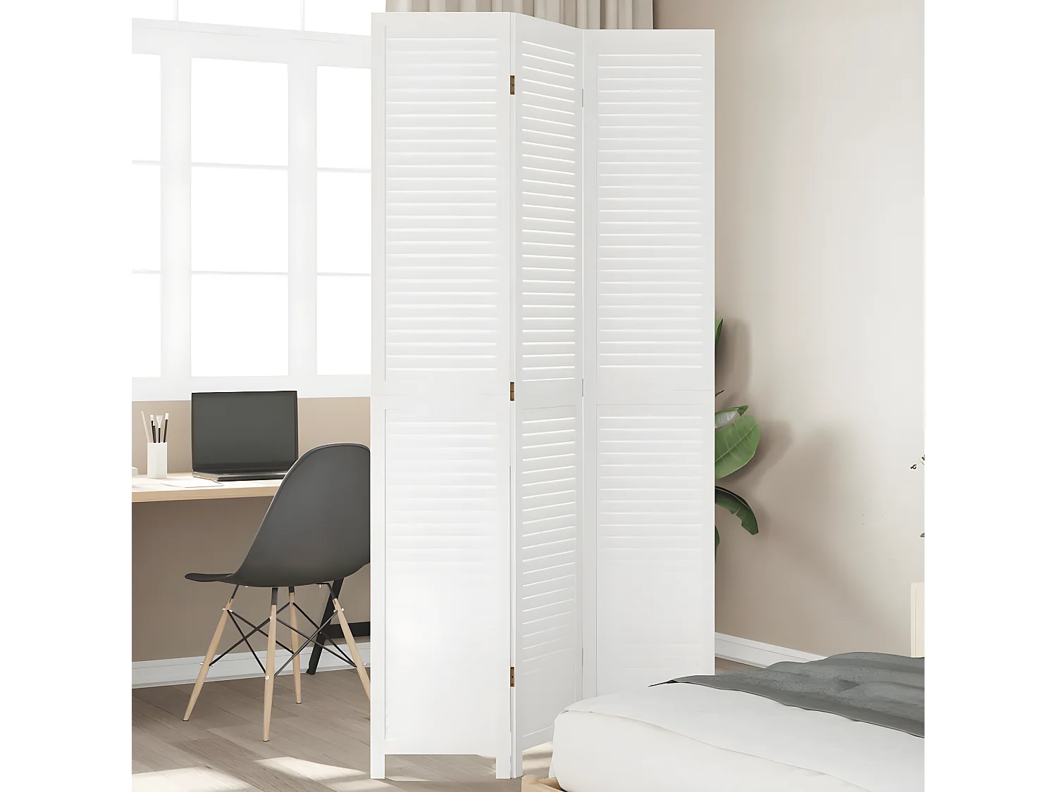 Cloison de séparation 3 panneaux blanc bois de paulownia massif