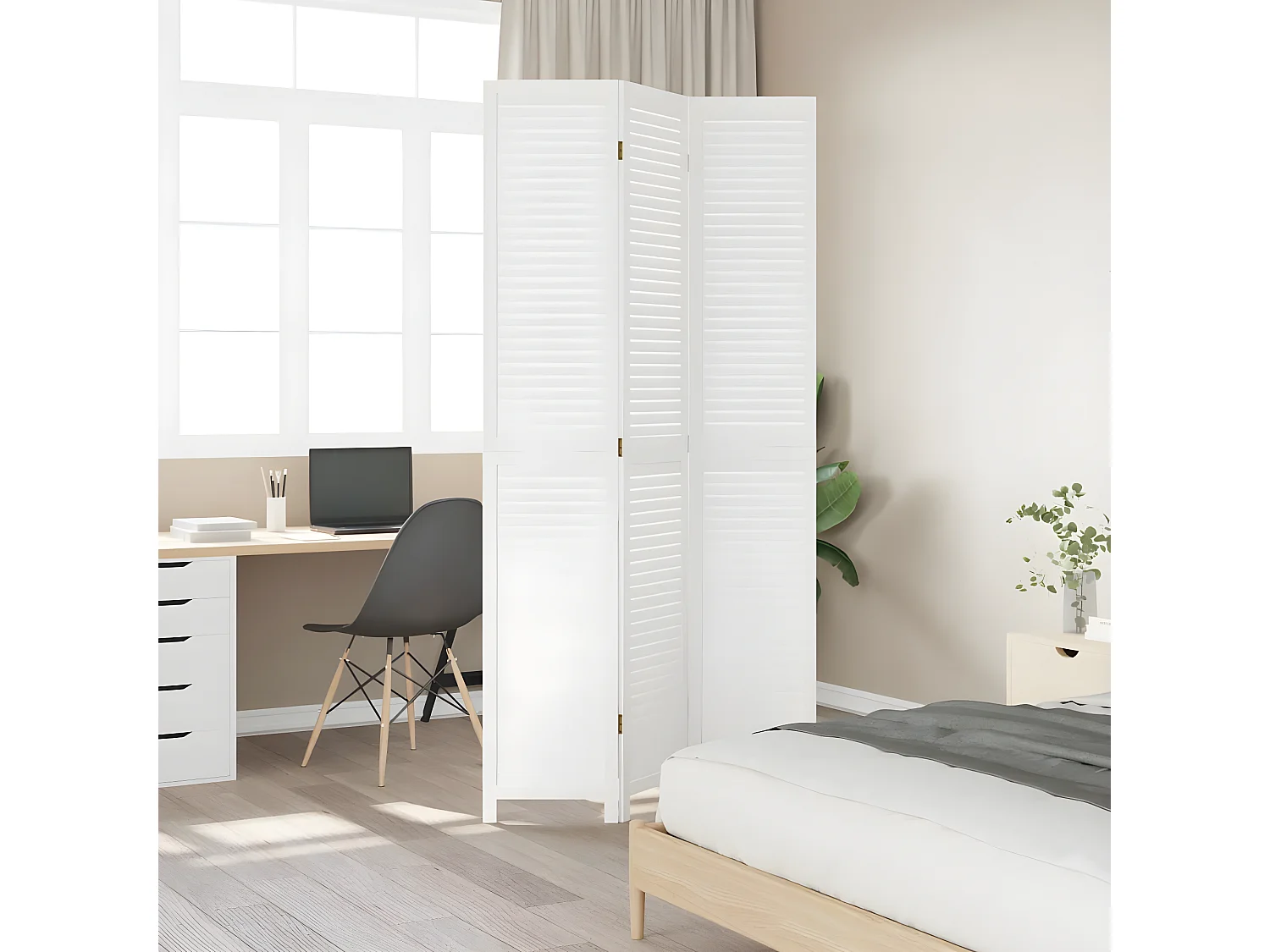 Cloison de séparation 3 panneaux blanc bois de paulownia massif