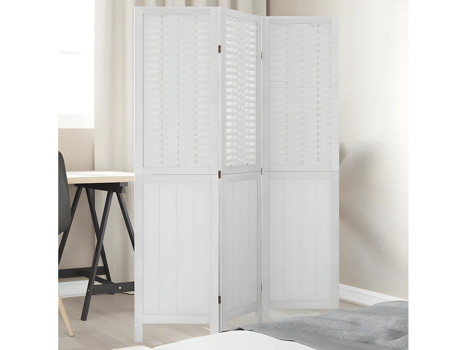 Cloison de séparation 3 panneaux blanc bois de paulownia massif