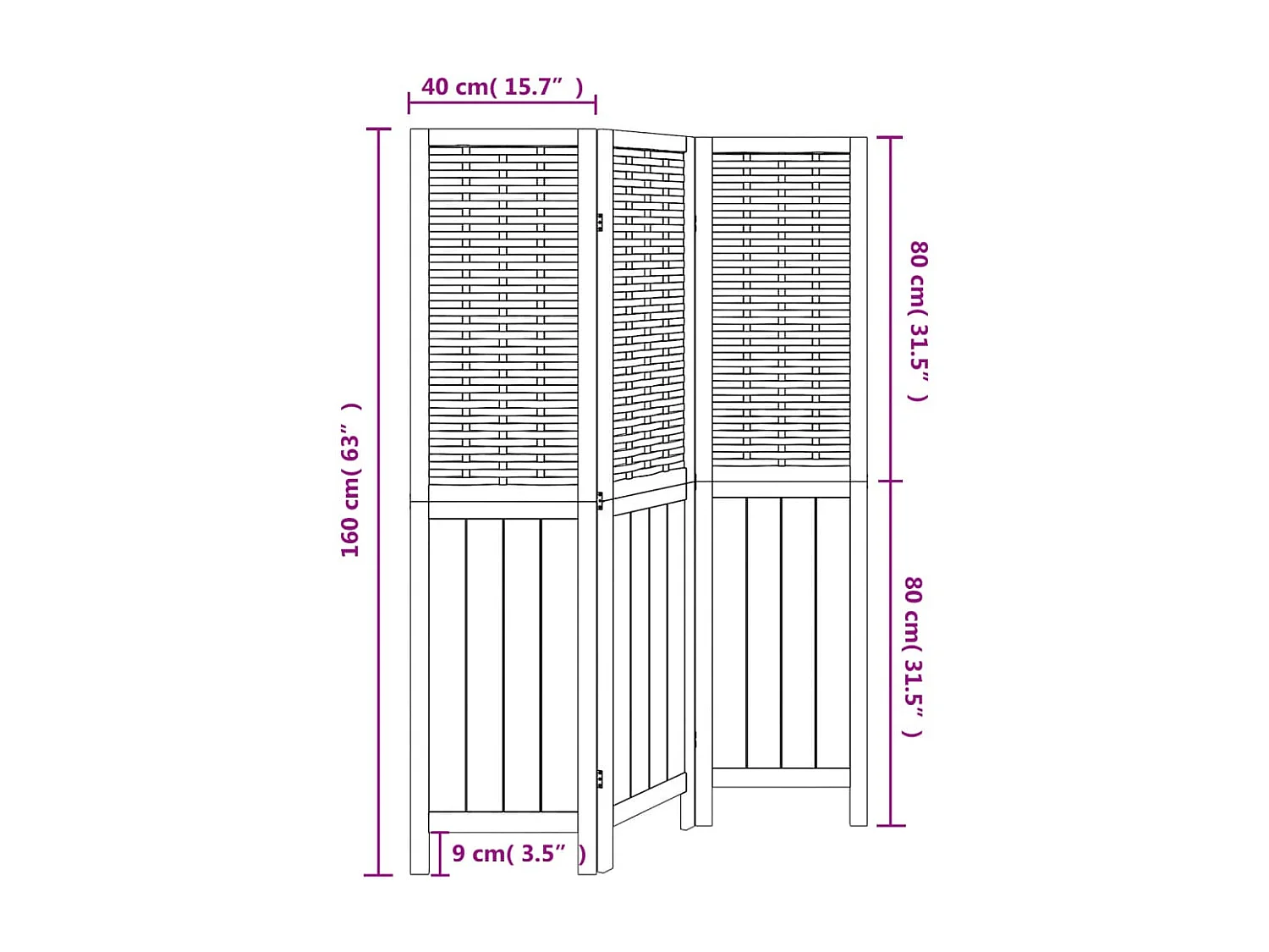 Cloison de séparation 3 panneaux blanc bois de paulownia massif
