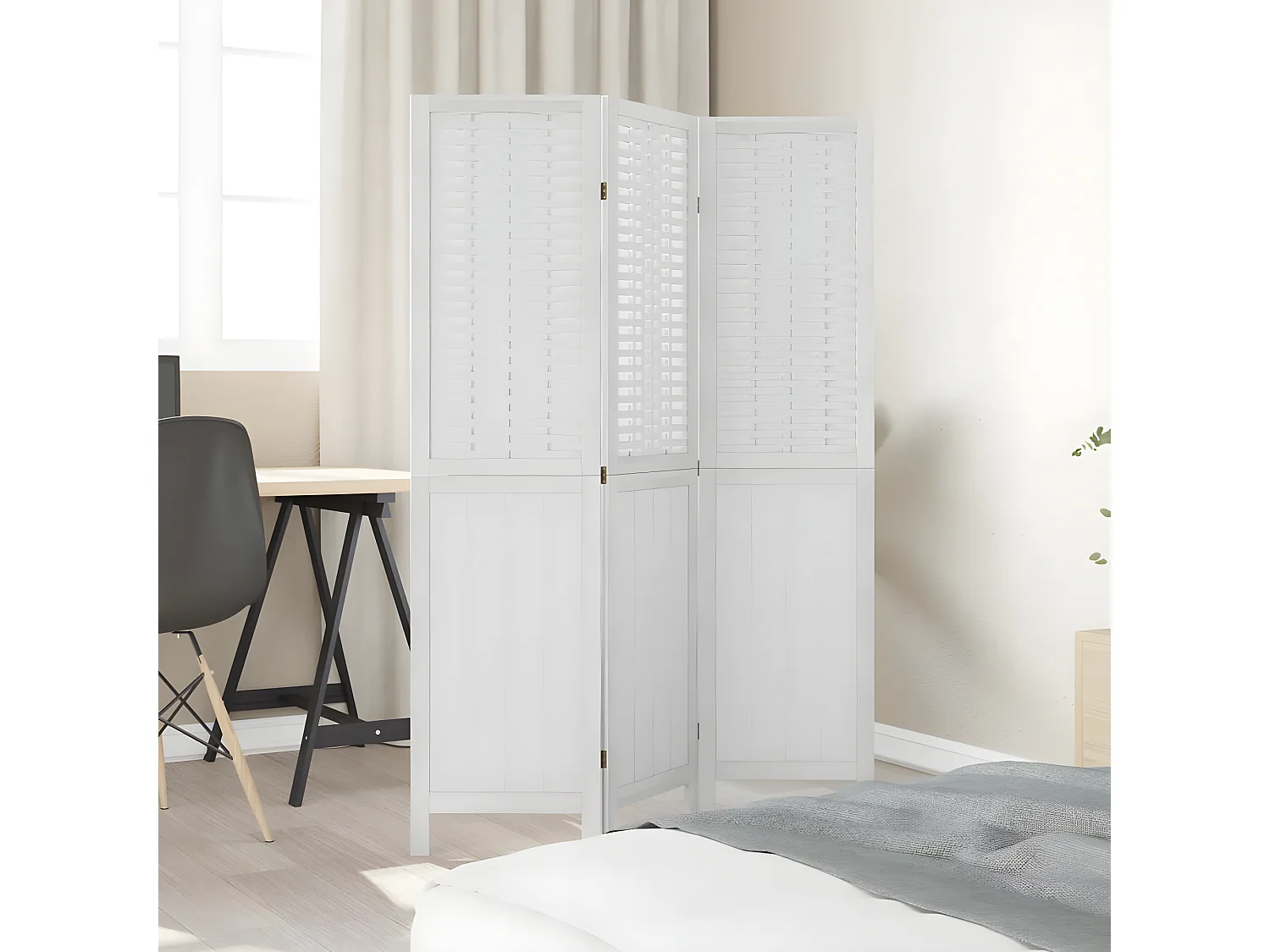 Cloison de séparation 3 panneaux blanc bois de paulownia massif