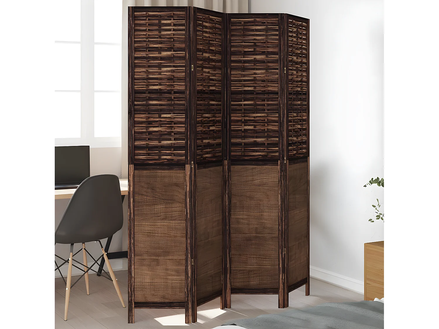 Cloison de séparation 4 panneaux marron foncé paulownia massif