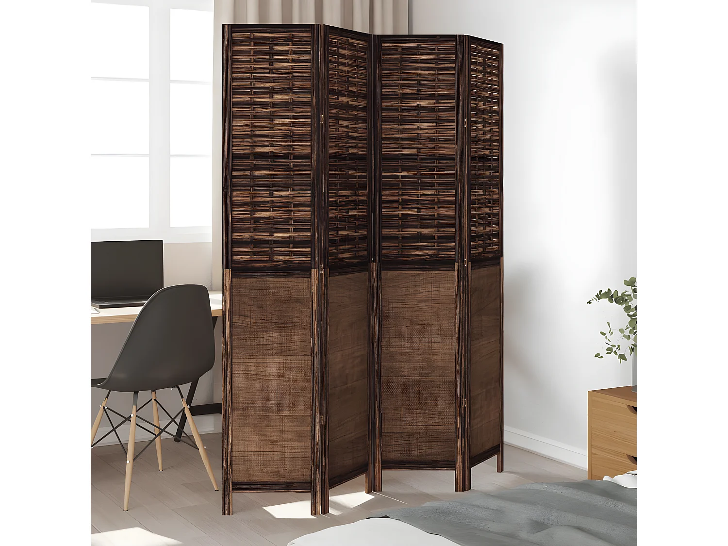 Cloison de séparation 4 panneaux marron foncé paulownia massif