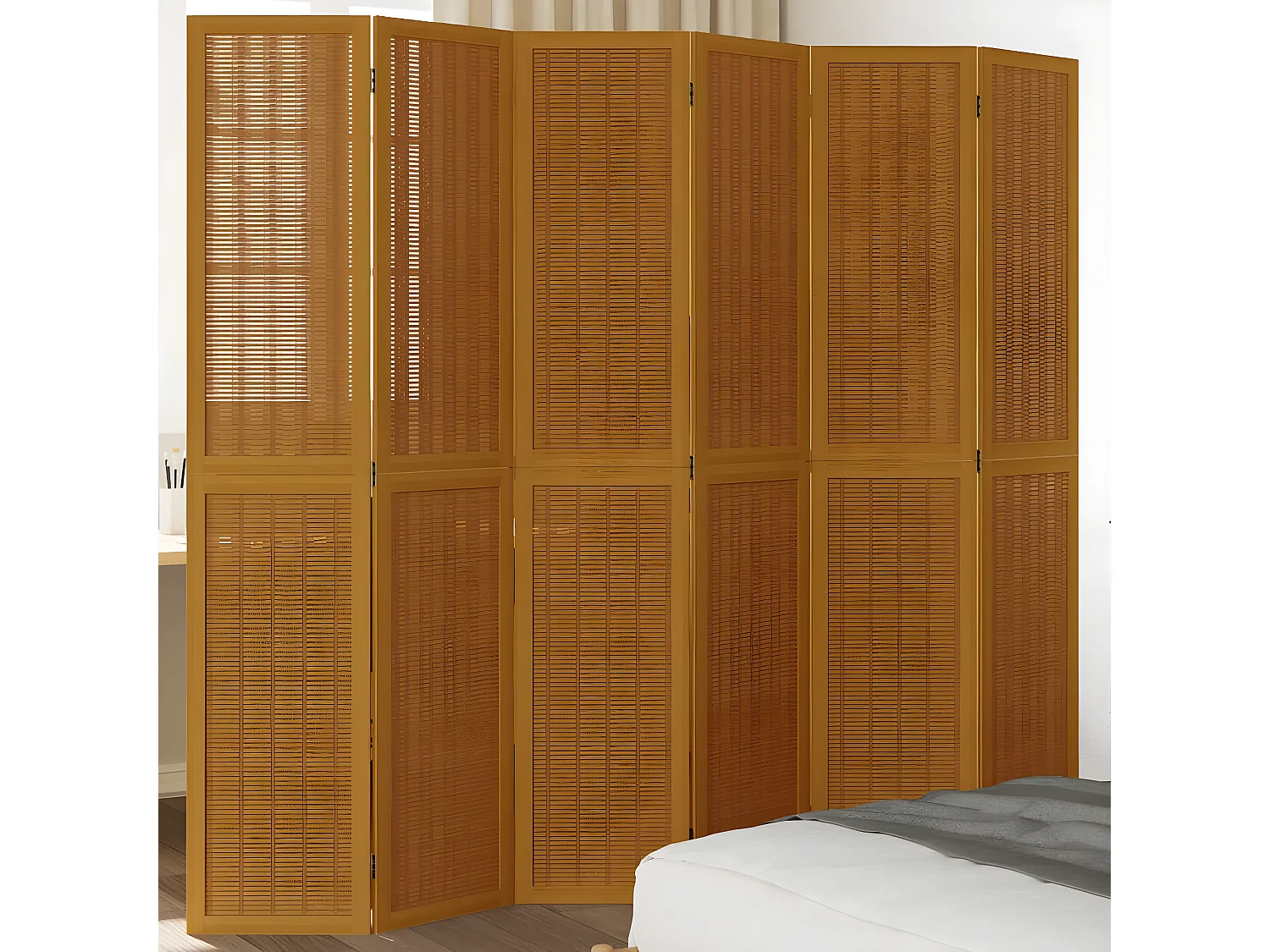 Cloison de séparation 6 panneaux marron bois paulownia massif