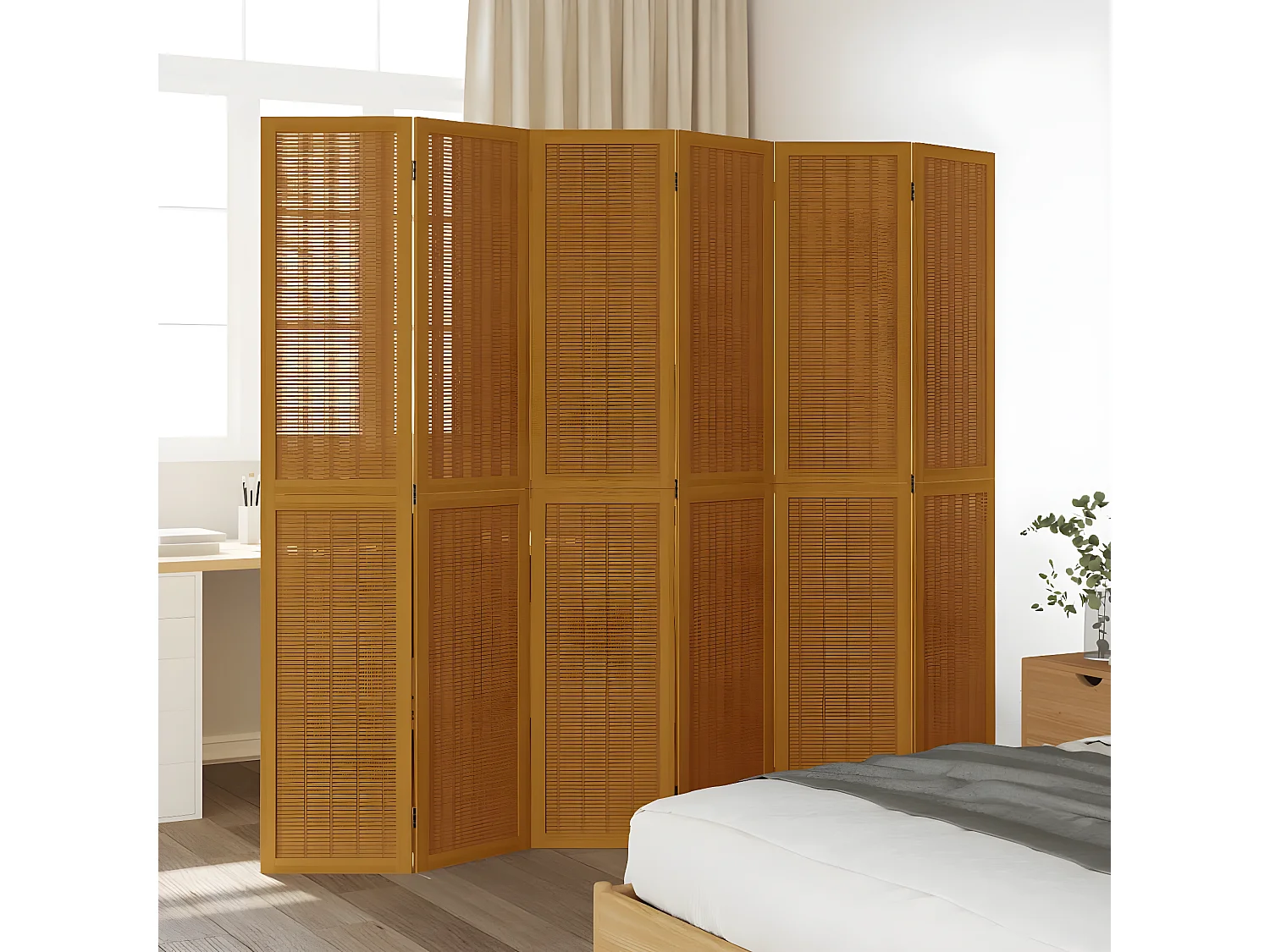 Cloison de séparation 6 panneaux marron bois paulownia massif