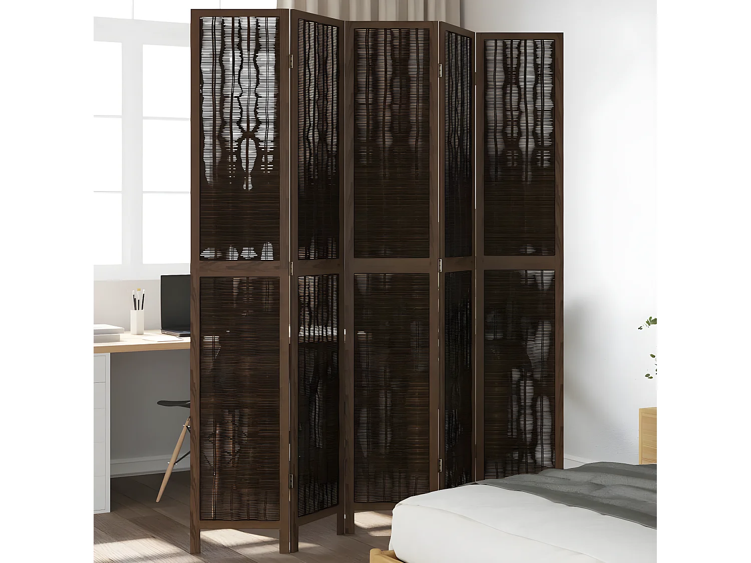 Cloison de séparation 5 panneaux marron foncé paulownia massif