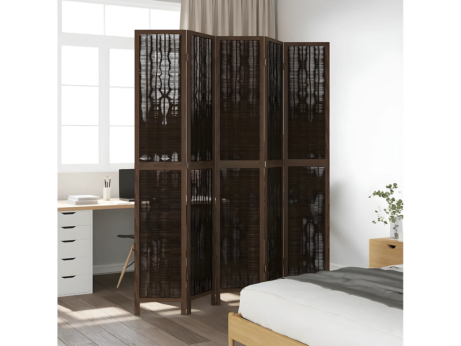 Cloison de séparation 5 panneaux marron foncé paulownia massif