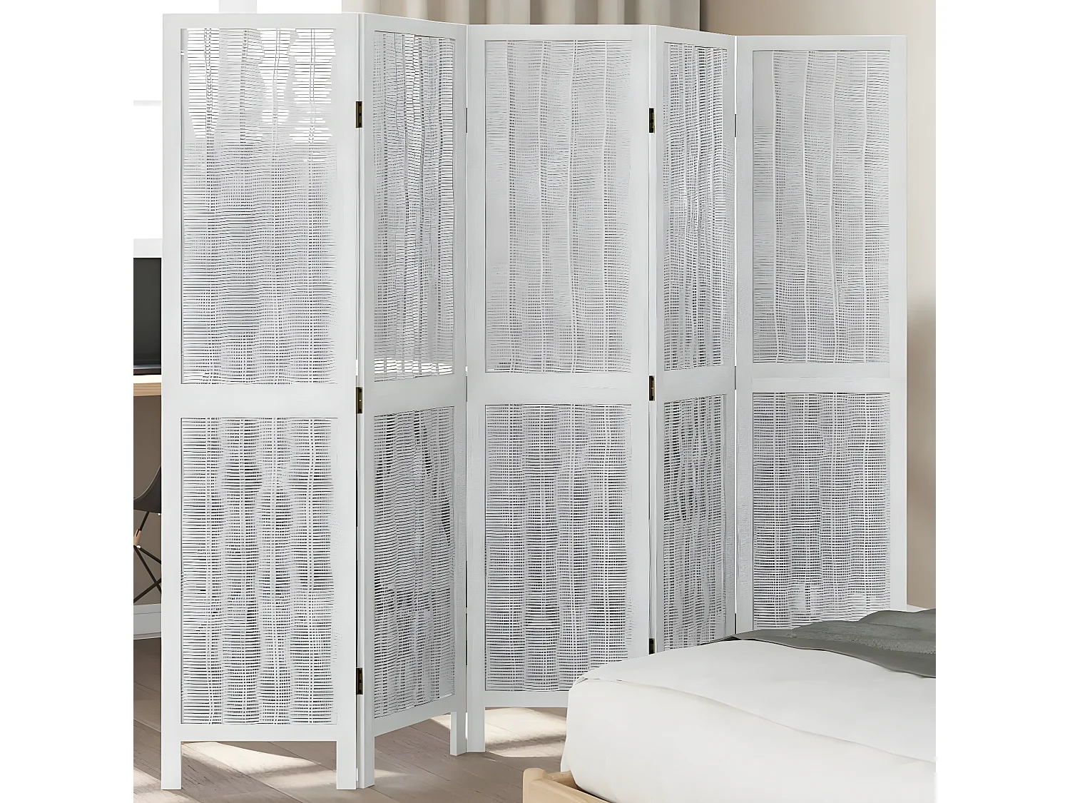 Cloison de séparation 5 panneaux blanc bois de paulownia massif