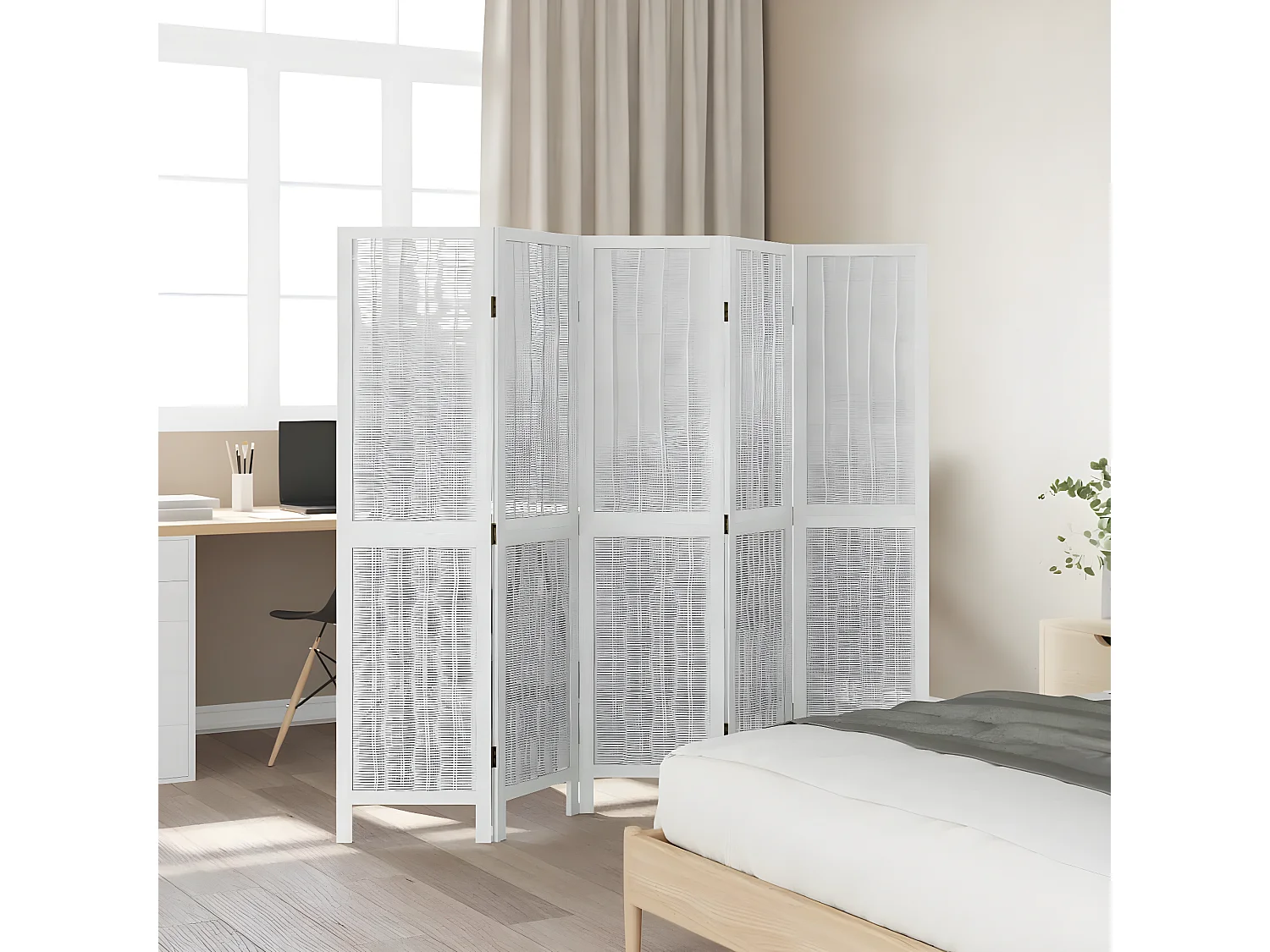 Cloison de séparation 5 panneaux blanc bois de paulownia massif