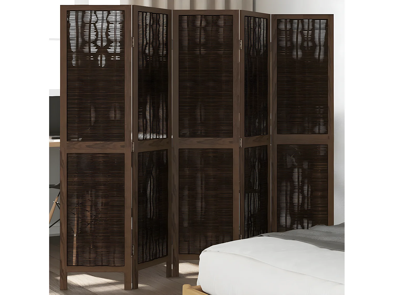 Cloison de séparation 5 panneaux marron foncé paulownia massif