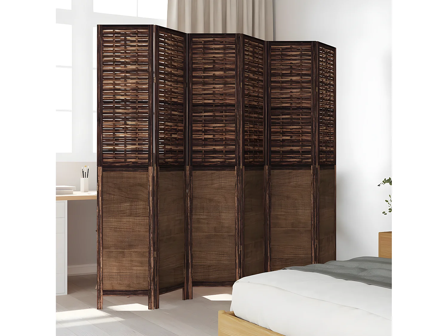 Cloison de séparation 6 panneaux marron foncé paulownia massif