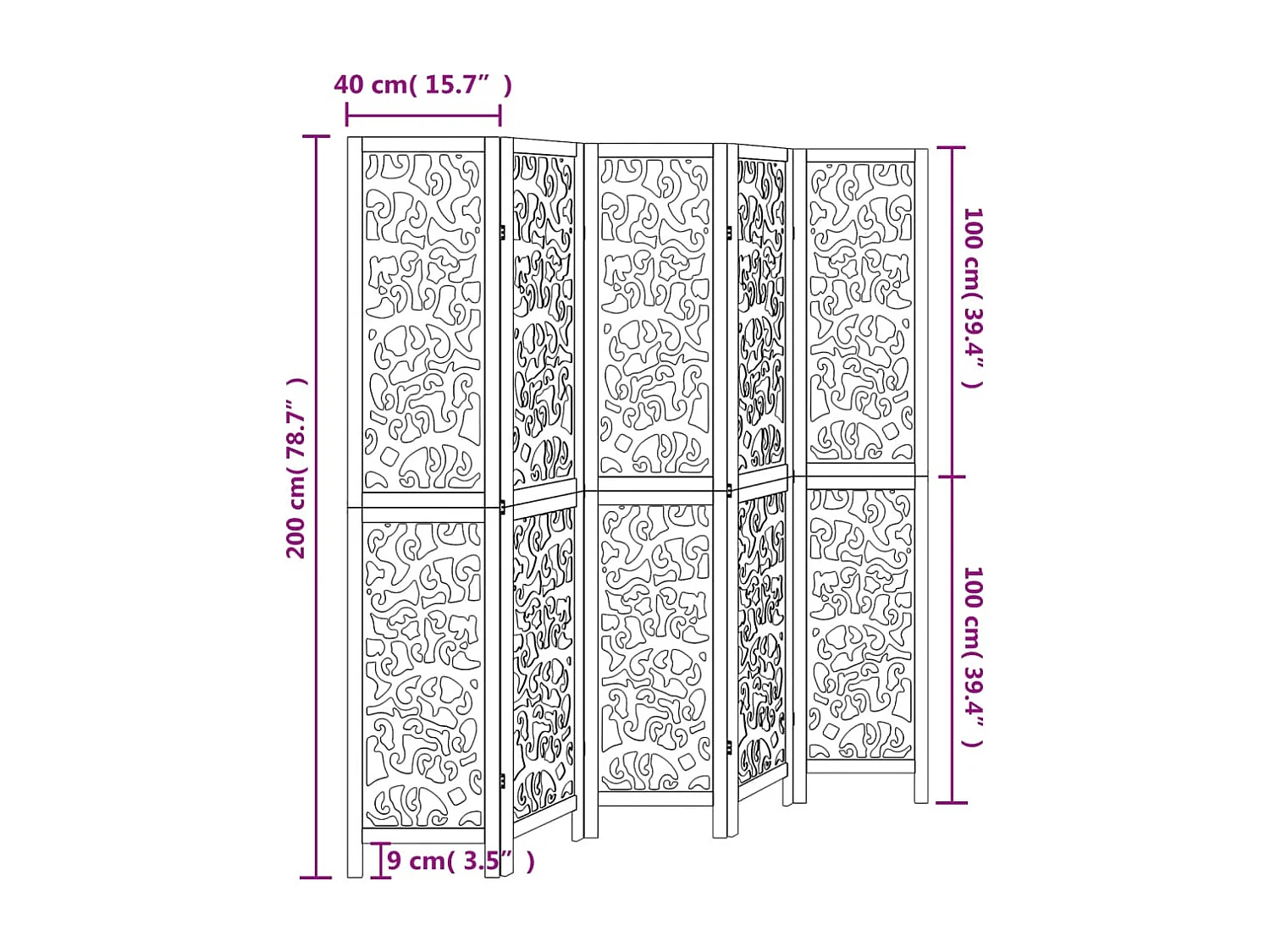 Cloison de séparation 5 panneaux blanc bois de paulownia massif