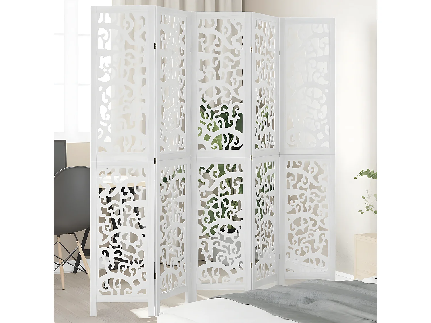 Cloison de séparation 5 panneaux blanc bois de paulownia massif