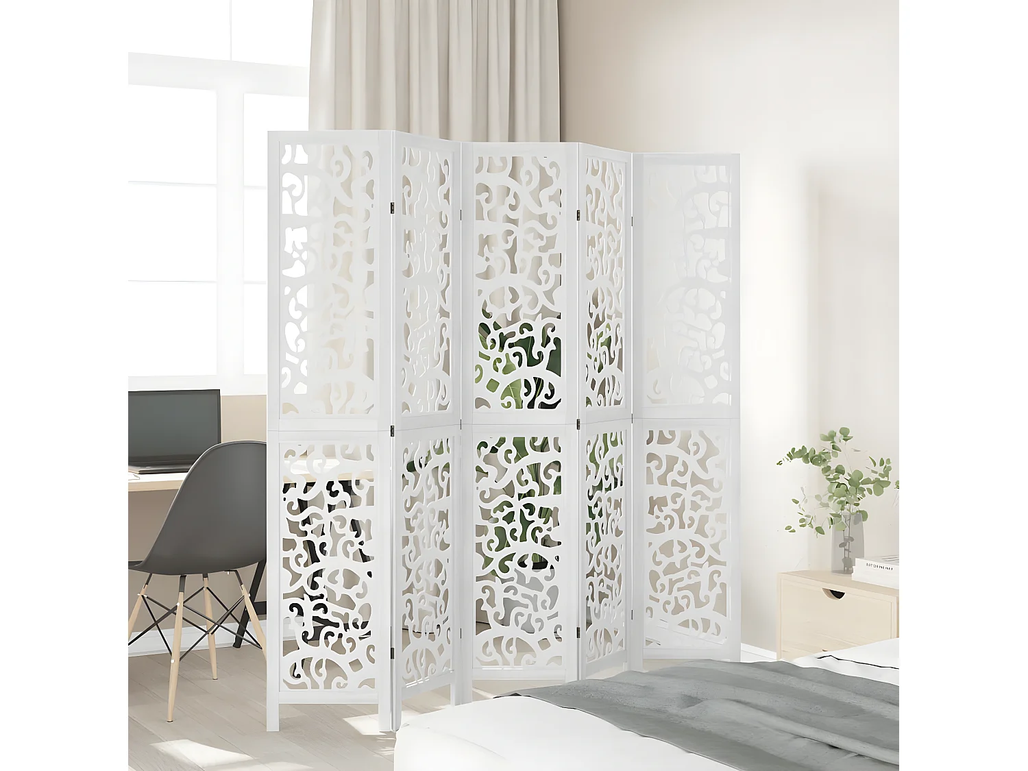 Cloison de séparation 5 panneaux blanc bois de paulownia massif