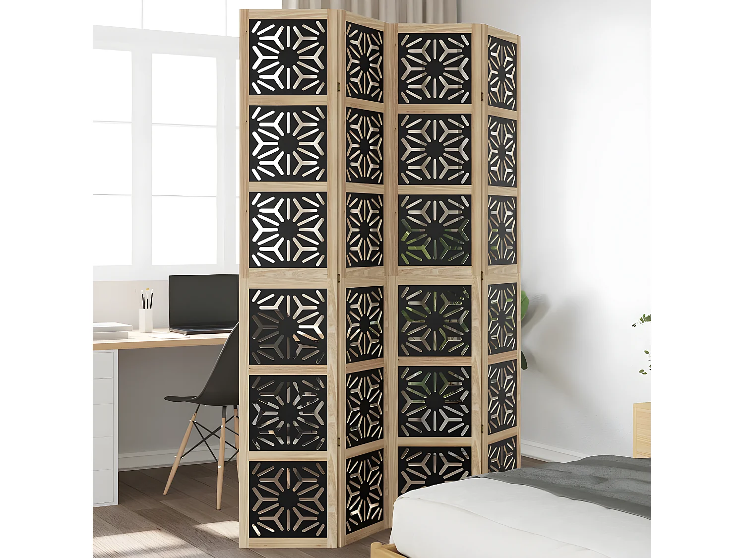 Cloison de séparation 4 panneaux marron noir paulownia massif