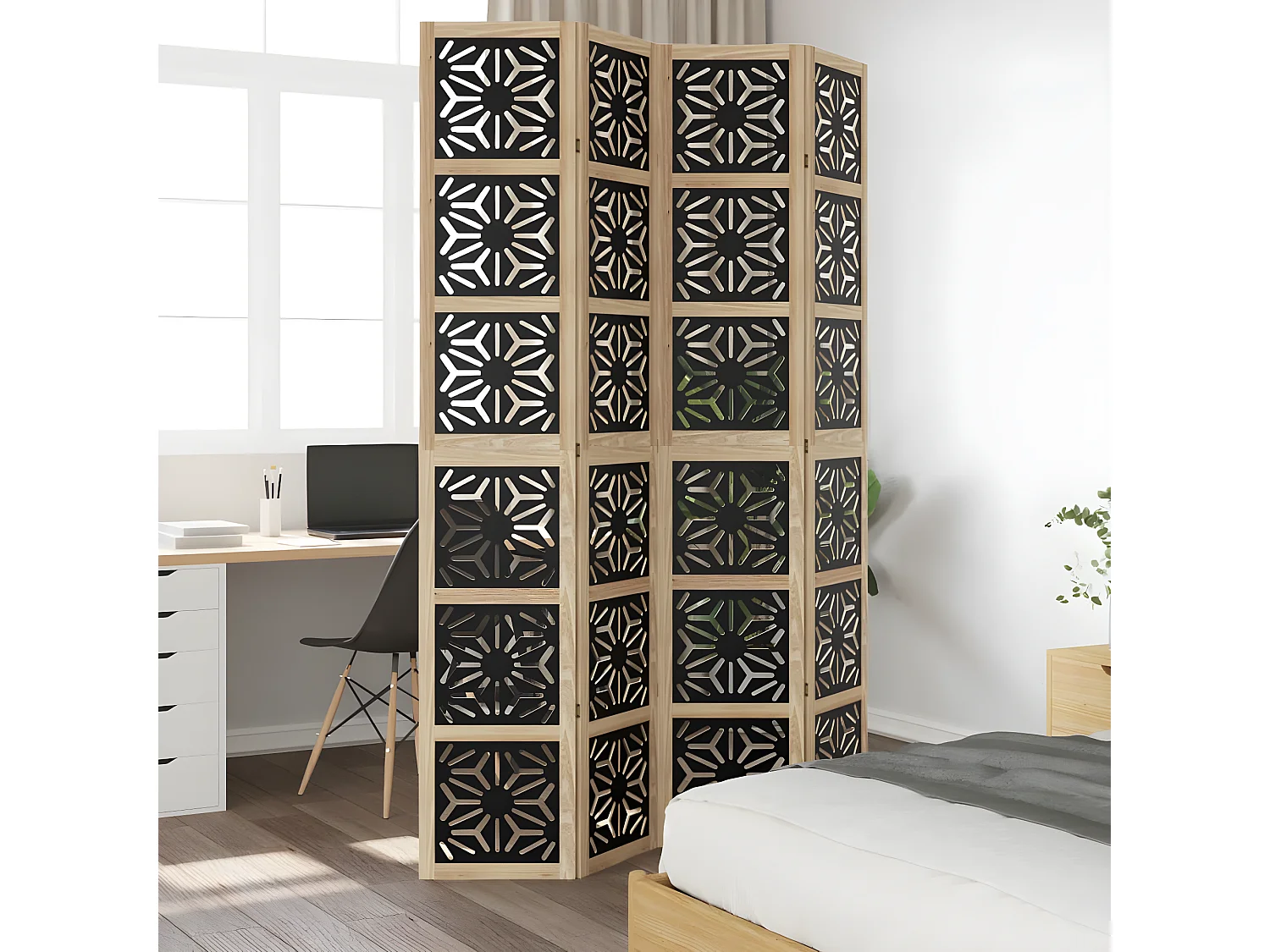 Cloison de séparation 4 panneaux marron noir paulownia massif