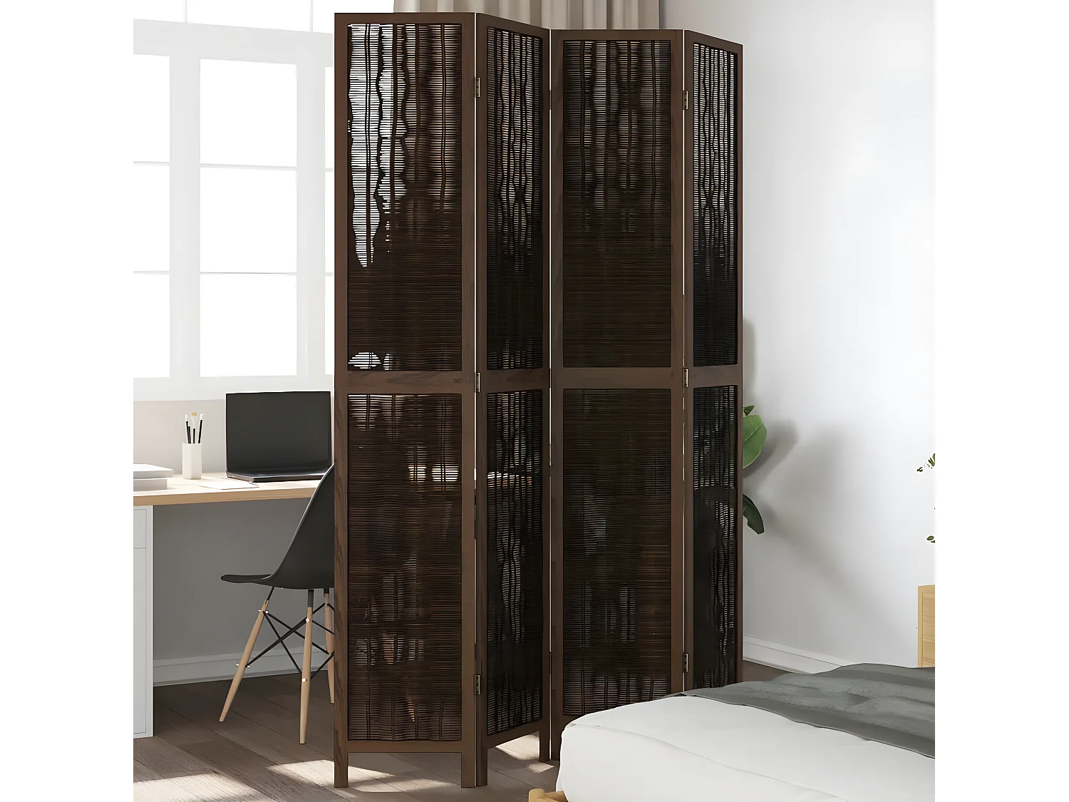 Cloison de séparation 4 panneaux marron foncé paulownia massif