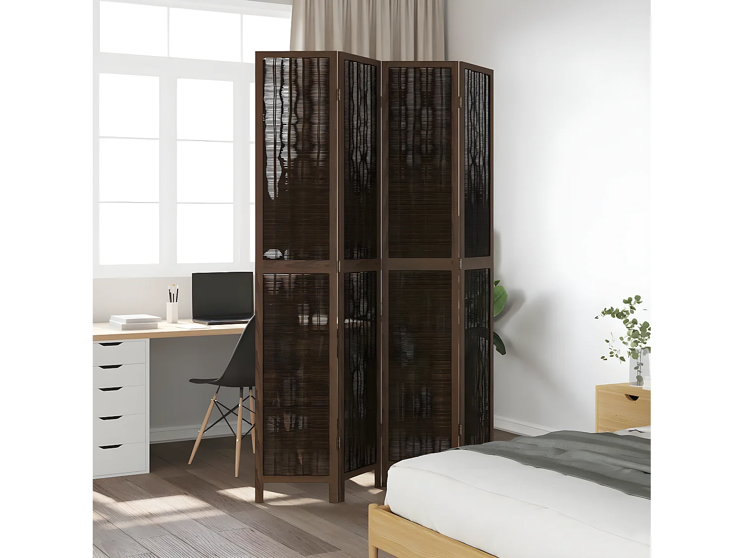 Cloison de séparation 4 panneaux marron foncé paulownia massif