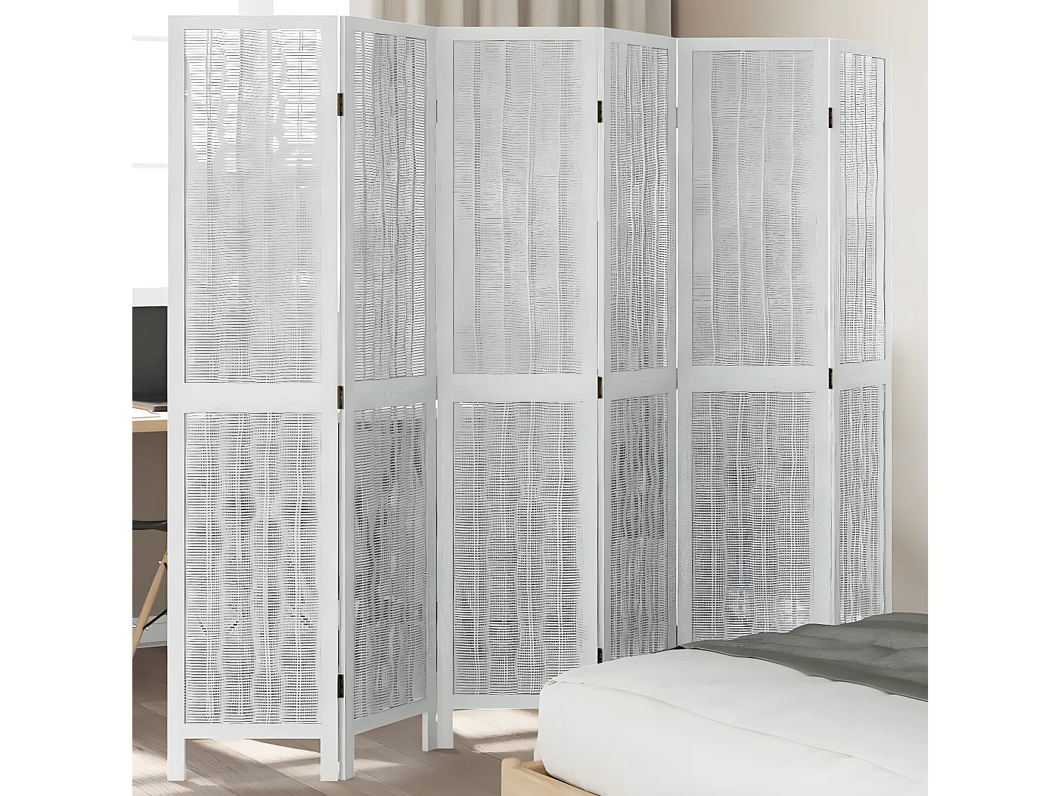 Cloison de séparation 6 panneaux blanc bois de paulownia massif