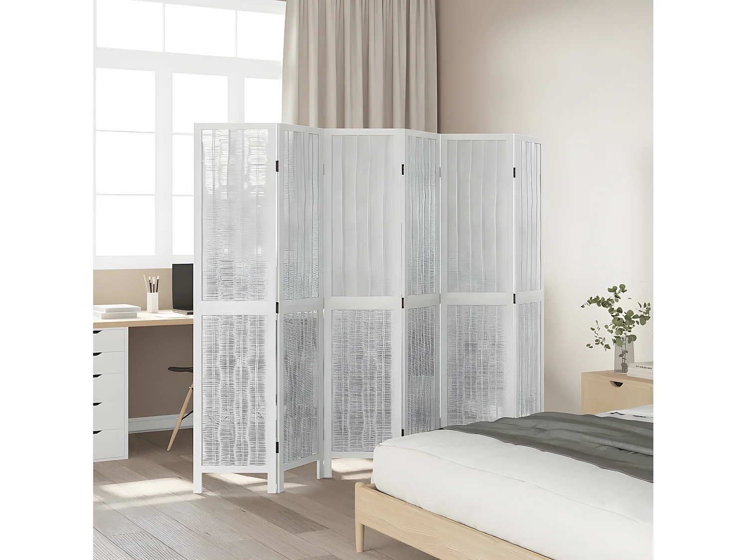 Cloison de séparation 6 panneaux blanc bois de paulownia massif