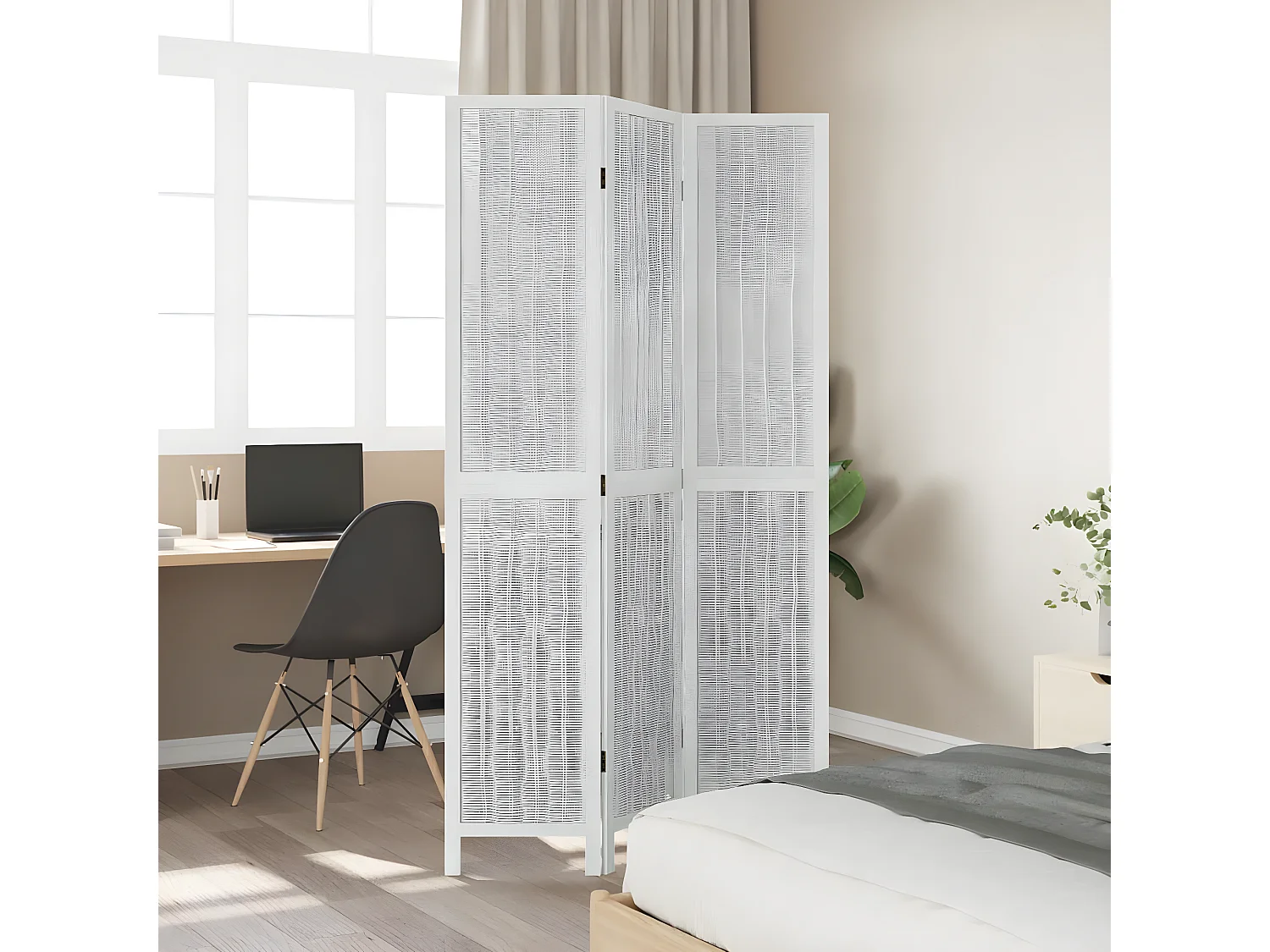 Cloison de séparation 3 panneaux blanc bois de paulownia massif