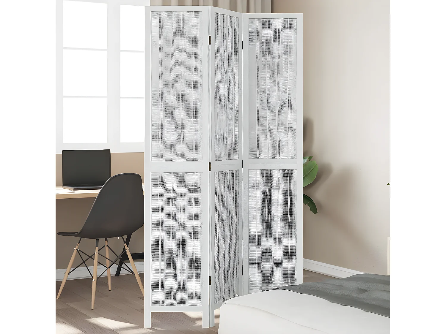 Cloison de séparation 3 panneaux blanc bois de paulownia massif