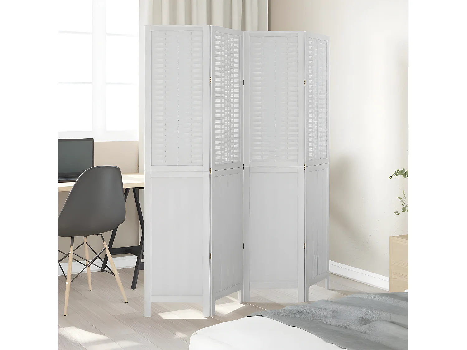 Cloison de séparation 4 panneaux blanc bois de paulownia massif