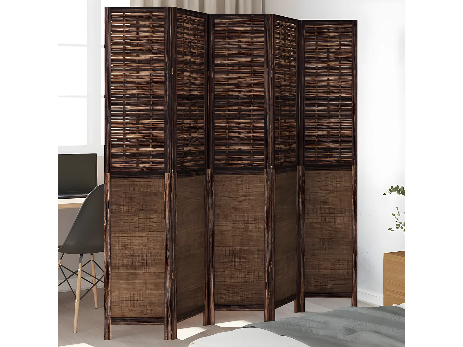 Cloison de séparation 5 panneaux marron foncé paulownia massif