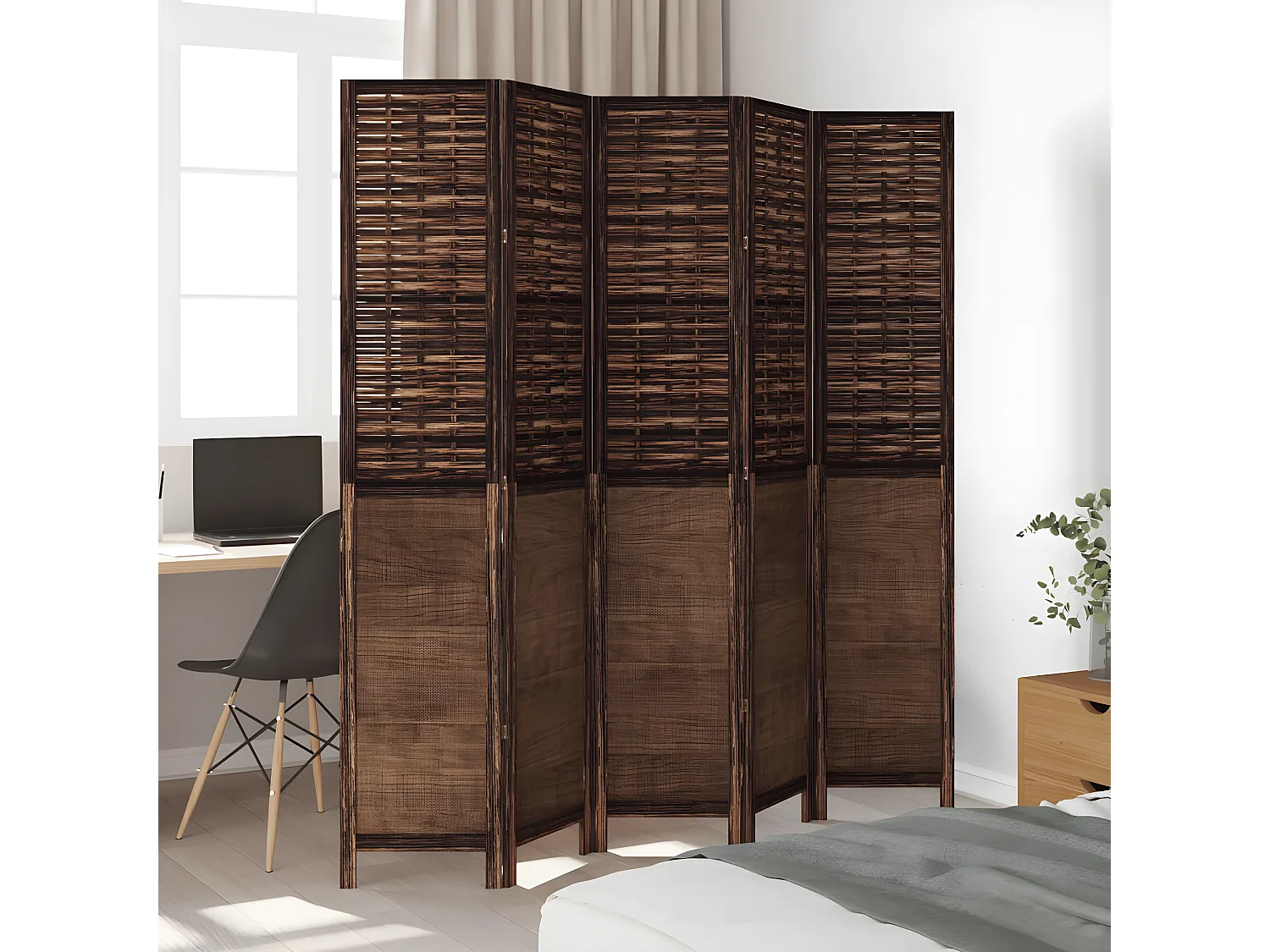Cloison de séparation 5 panneaux marron foncé paulownia massif